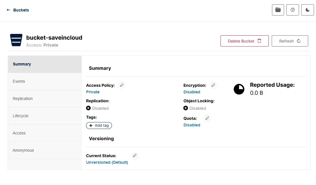 interface de administração armazenamento de objetos