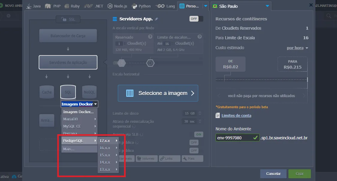 selecionando a versão do banco